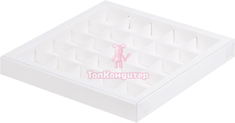 Коробка на 25 конфет 24,5 см*24,5 см*3 см с пластиковой крышкой белая