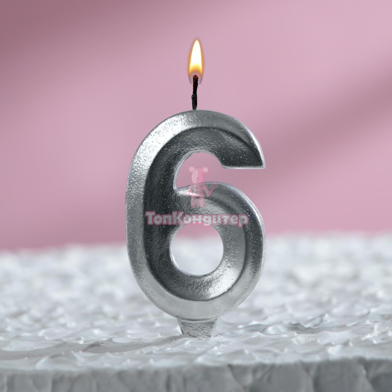 Свеча в торт "Грань", цифра "6", серебряный металлик, 7.8 см