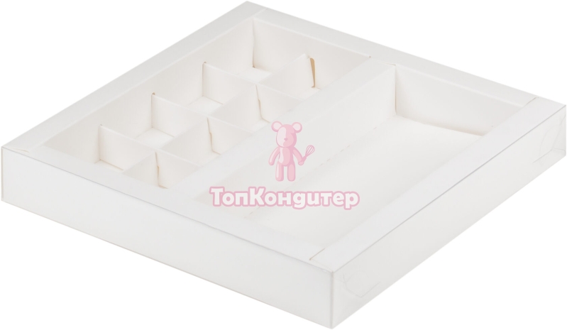Коробка на 8 конфет и шоколадной плитки 20 см*20 см*3 см с пластиковой крышкой белая