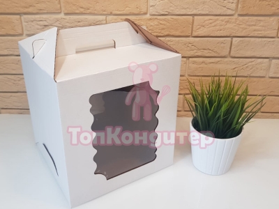 Коробка для торта 24 см*24 см*26 см с резным окном и ручкой